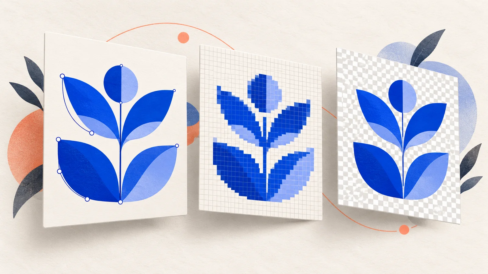 A vector illustration alongside several raster image exports