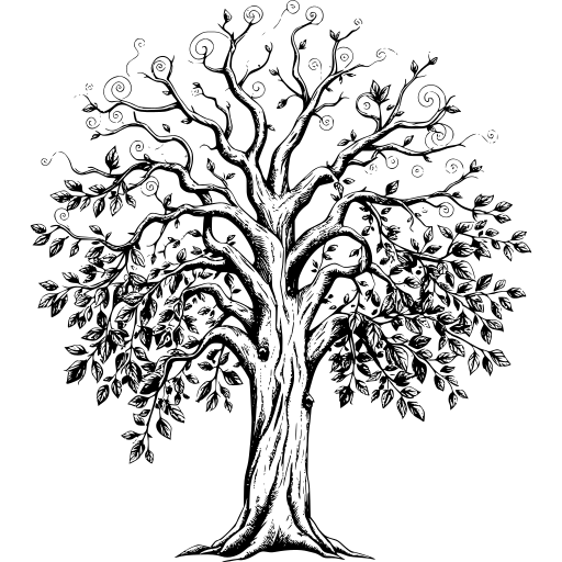 Line drawing of a decorative tree with curling branches
