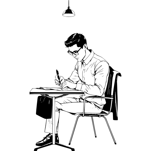 Line drawing of a man drawing at a desk