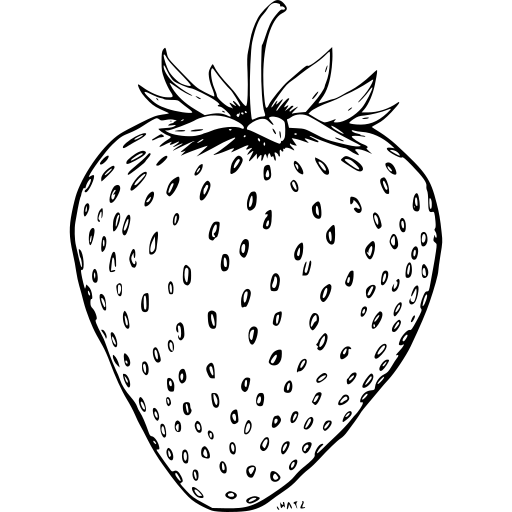 Black and white line drawing of a strawberry with leaves and seeds