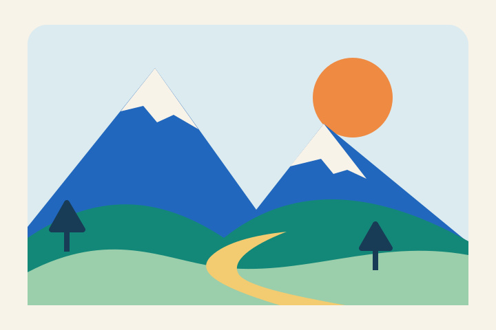 Geometrische alpine Landschaft als JPG mit gestaffelten Bergen und Sonne
